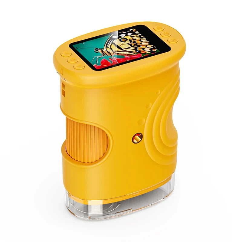 Microscopio digital amarillo para niños con una mariposa ampliada en su pantalla