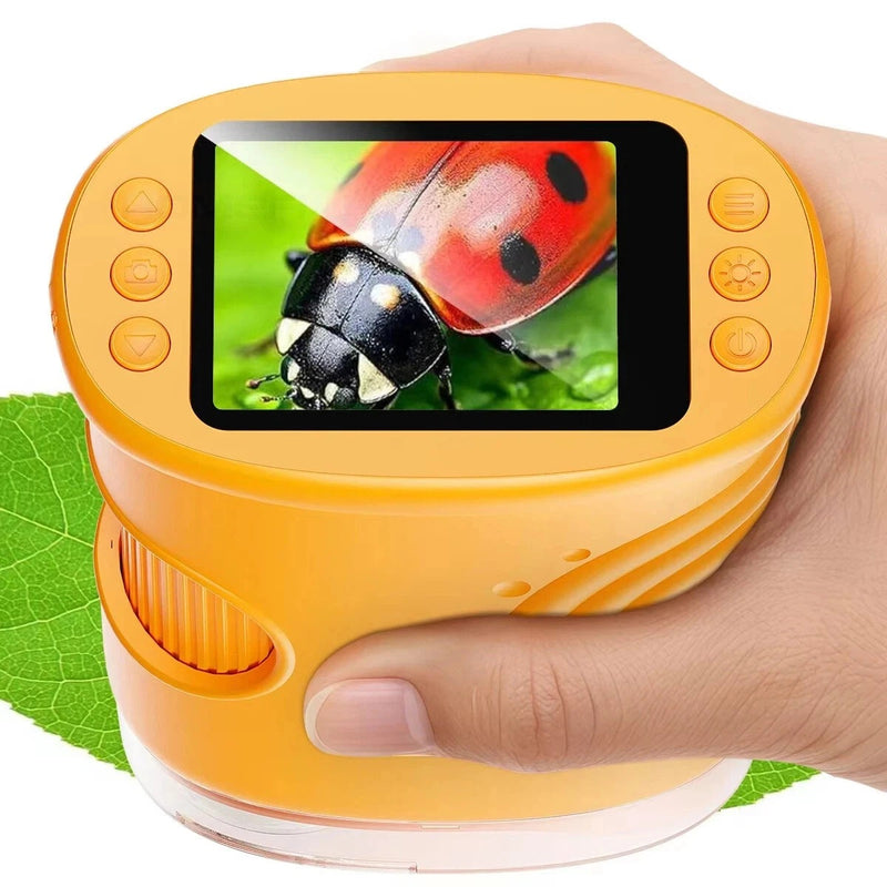 Child's hand holding the microscope over a leaf, with a magnified ladybug on the screen
